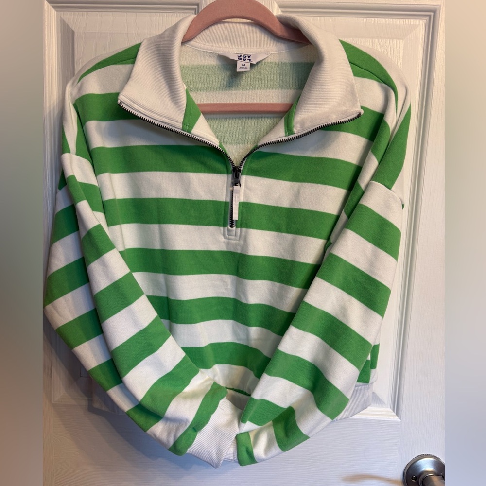 Green & White Striped Quarter-Zip Pullover